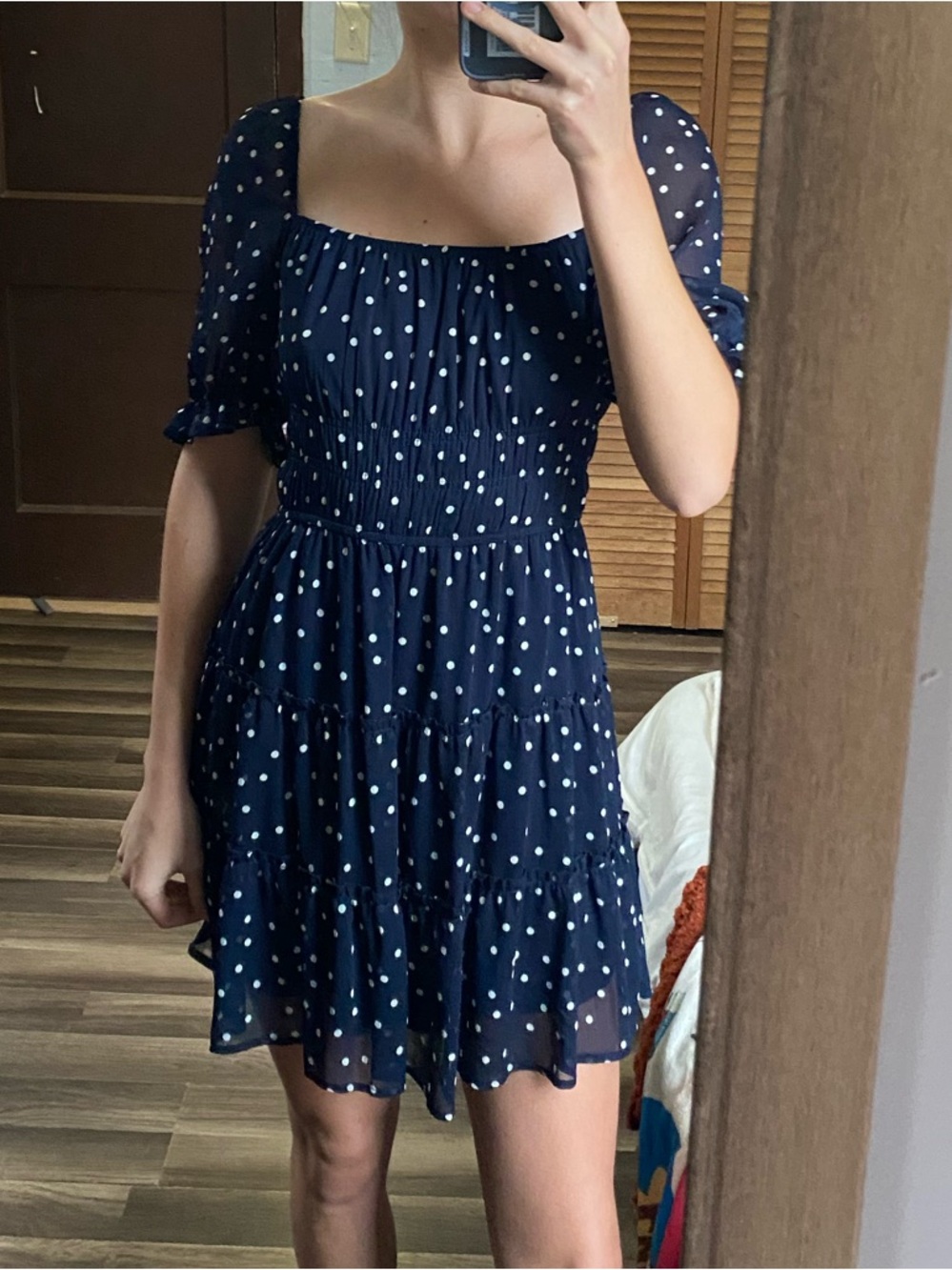 Navy Polka Dot Smocked Waist Sundress